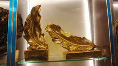 Set of 2 Golden Feather Sculptures with Black Base