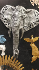 Antique Silver Finish Elephant Head Wall Hanging with Ornate Relief