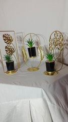Modern Gold Metal & Black Planter Holders with Faux Succulents - Leaf Theme Table Decor